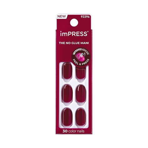 Kiss Impress No Glue Needed Press On Nails Color Maplewood Red Short Oval 30 Count