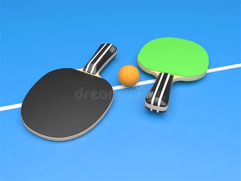 Green Table Tennis Racket With Ball On Blue Background Stock