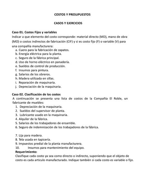 Tipos De Costos Costos Y Presupuestos Casos Y Ejercicios Caso 01 Costos Fijos Y Variables