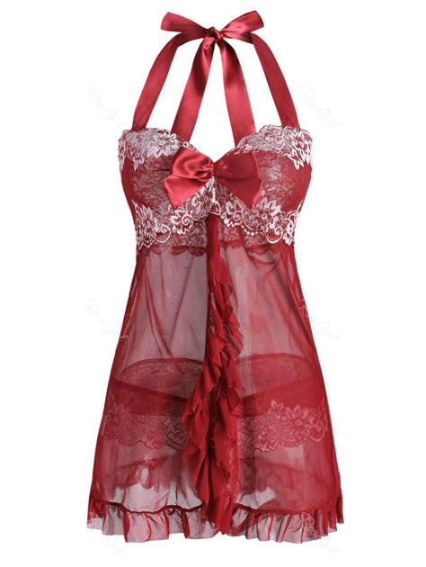 37 OFF Ruffles Flyaway Lace Panel Sheer Mesh Plus Size Lingerie