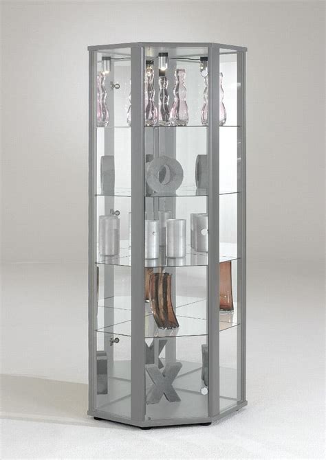 Glasvitrine Sammelvitrine Eckvitrine Beleuchtung Alu Silber Glas