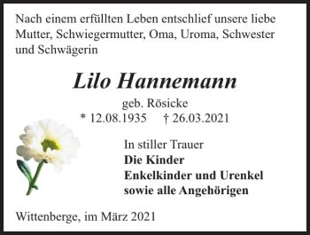 Traueranzeigen Von Lilo Hannemann Trauer Nordkurier