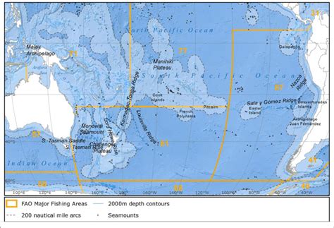 South Pacific Ocean Showing Fao Major Fishing Areas Larger Seamounts