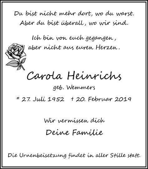 Traueranzeigen Von Carola Heinrichs Trauer In Nrw De