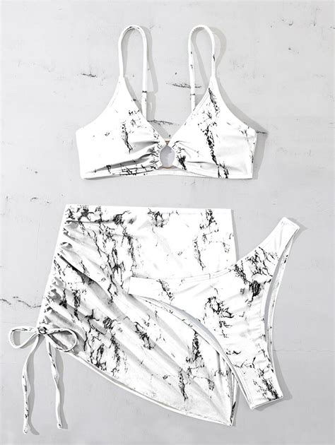 Shein Swim Summer Beach Marble Print Bikini Set Ring Linked Cami Bra