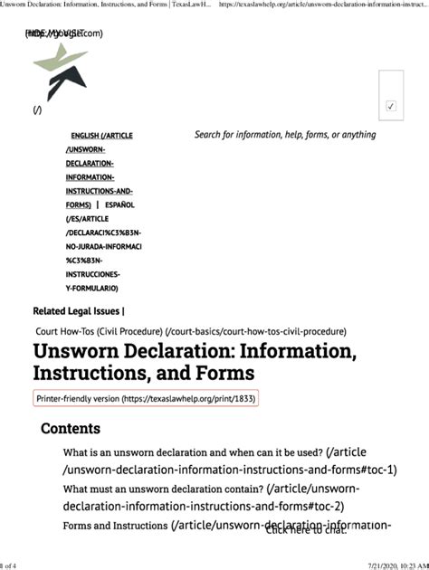 Fillable Online Org Article Unsworn Declaration Information Instruct