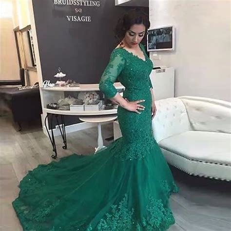 Long Mermaid Prom Dresses 2017 V Neck Sexy Plus Size Emerald Green Long