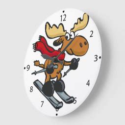 Moose Riding Ski Cartoon Large Clock Zazzle