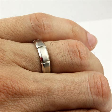 14k White Gold Mens Wedding Band Grooved On Satin Finish Etsy