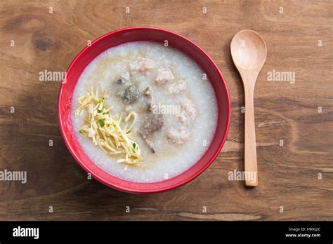 Congee Rice Porridge Rice Gruel Rice Soup On Wooden Background Top