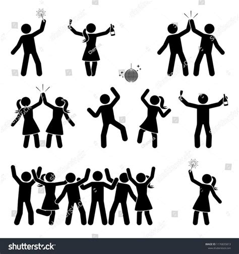 Stick Figure Celebrating People Icon Set Happy Men And Women Dancing