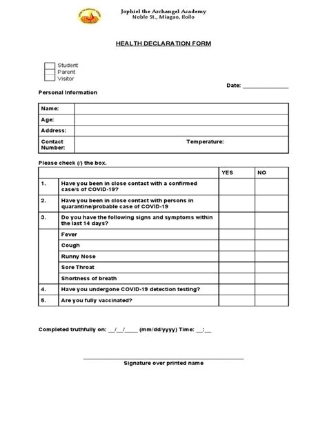 Health Declaration Form Pdf