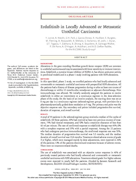 Erdafitinib In Locally Advanced Or Metastatic Urothelial Carcinoma T H E N E W E Ng L A N D J