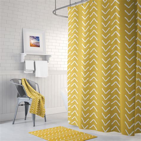 Mustard Yellow Mudcloth Print Shower Curtain Set Boho Bath Etsy