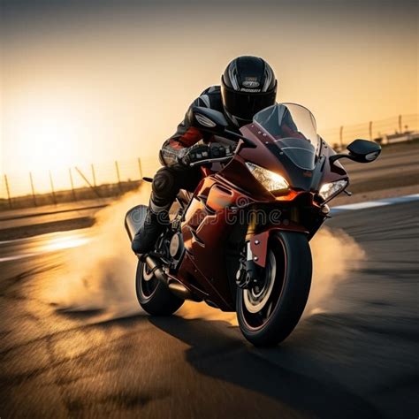 Adrenaline Filled Sport Motorcycle Rider Zooms On Race Track At Sunset