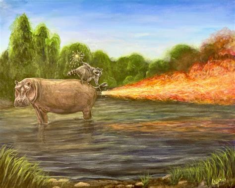 Raccoon Lights A Hippo Fart Massive Flames Travis Chapman Art