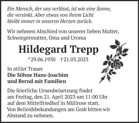 Traueranzeigen von Hildegard Trepp Märkische Onlinezeitung Trauerportal