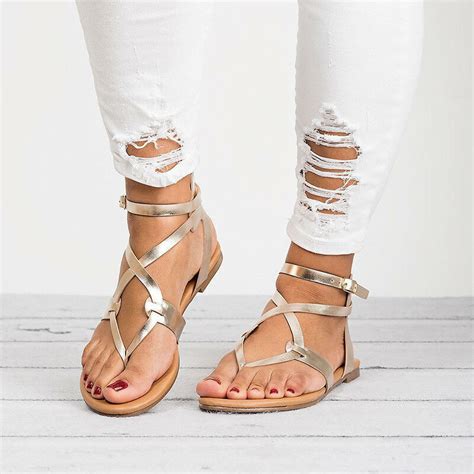 Dame Flach Gladiator Sandaletten Sandalen Riemchen Zehentrenner R Mer