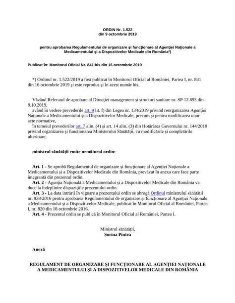 PDF ORDIN Nr 1 522 Pentru Aprobarea Regulamentului SI FUNCTIONAREA