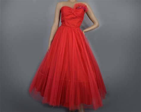 Red Ruffled Tulle Vintage 50s Formal Prom Party Dress M Etsy