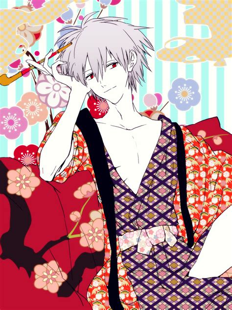 Safebooru 1boy Grey Hair Hosaka Dx Japanese Clothes Leaning Nagisa Kaworu Neon Genesis