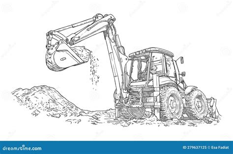 Big Excavator Is Digging The Ground At Work Hand Drawn Vector Sketch