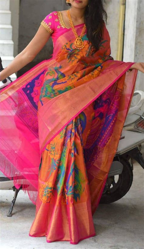 Uppada Printed Pure Silk Saree In Orange And Pink With Wide Zari Border