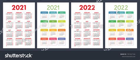 Calendar 2021 And 2022 English Color Vector Set Royalty Free Stock