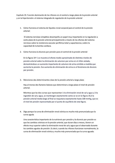 Capítulo 19 Tareas Capítulo 19 Función Dominante De Los Riñones En El Control A Largo Plazo