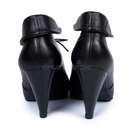 Female Black Leather High Heel Shoes Isolated On White Background Stock