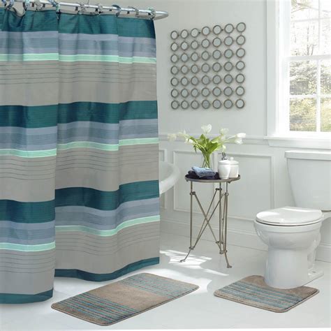 Bath Fusion Regent Stripe 30 In L X 18 In W 15 Piece Bath Rug And Shower Curtain Set In Blue