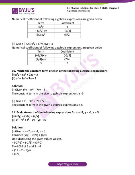 Rd Sharma Solutions For Class Maths Chapter Algebraic Expressions