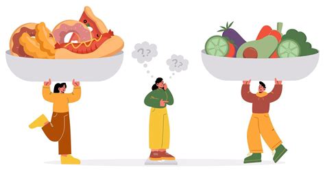 Woman Choose Between Healthy And Unhealthy Food 13416799 Vector Art At Vecteezy