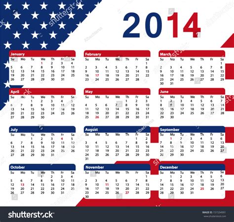 2014 American Calendar Public Holidays Flag Stock Vector 151534991 ...