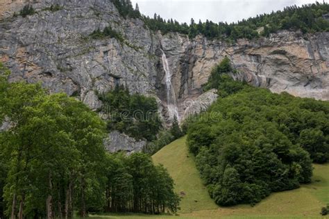 View Waterfall Staubbach Fall In Mountains Valley Of Waterfalls Stock