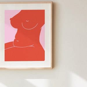 Pink And Red Abstract Nude Art Print Woman Curves Illustration