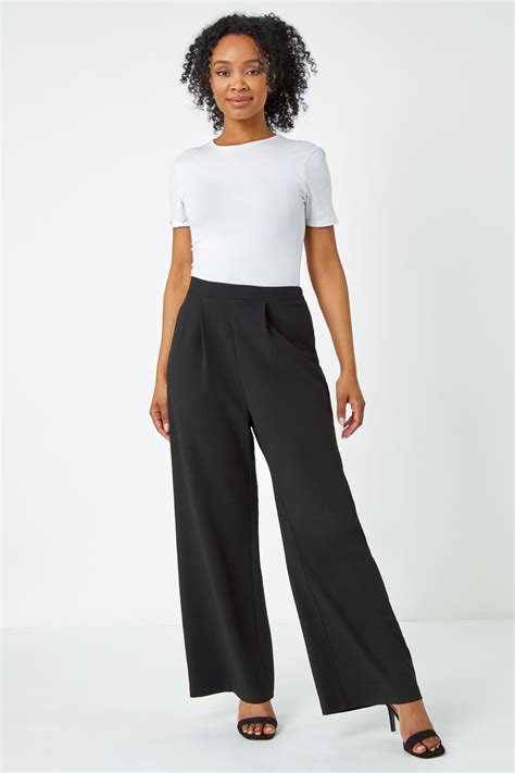 Black Petite Wide Leg Stretch Trousers Roman Uk