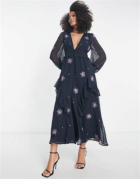 Asos Design Shirred Waist Button Through Midi Tea Dress With All Over