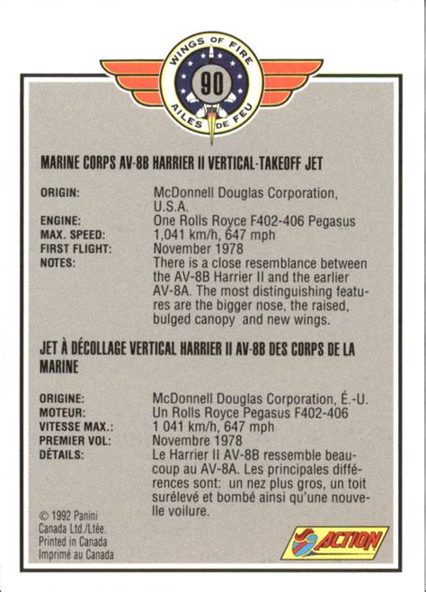 1992 Panini Wings of Fire #90 Marine Corps AV-8B Harrier II Vertical ...