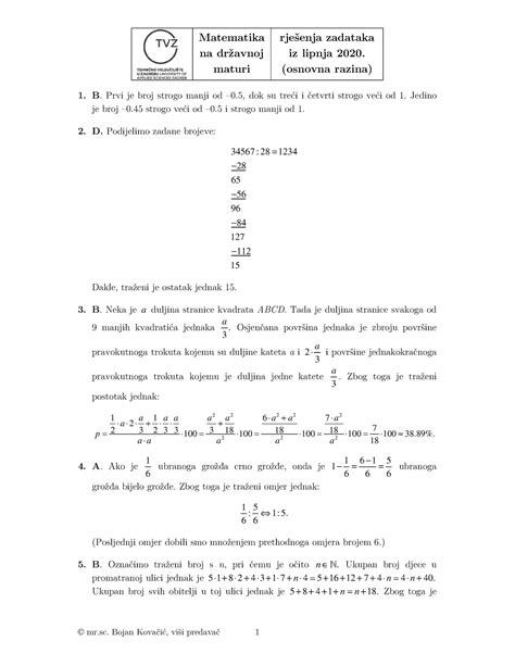 Matb Lipanj 2020 Rjesenja Zadataka Na Dr Avnoj Maturi Iz Lipnja