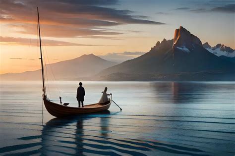 Una pareja en un bote con una montaña al fondo Foto Premium