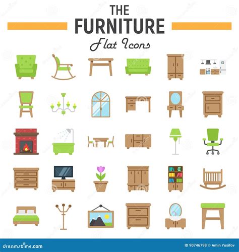 Furniture Flat Icon Set Interior Sign Collection Stock Vector