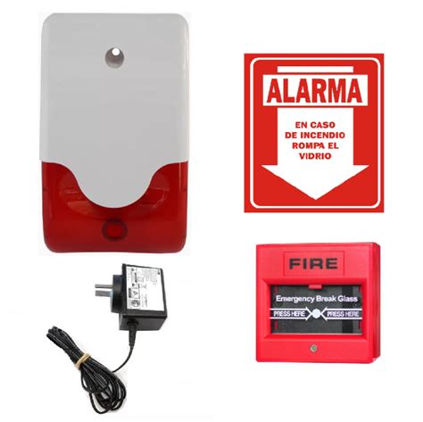 Kit Alarma Contra Incendio Pulsador Sirena Cartel De Alarma