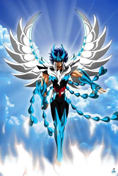 An Anime Character With Blue Hair And White Wings Flying Through The