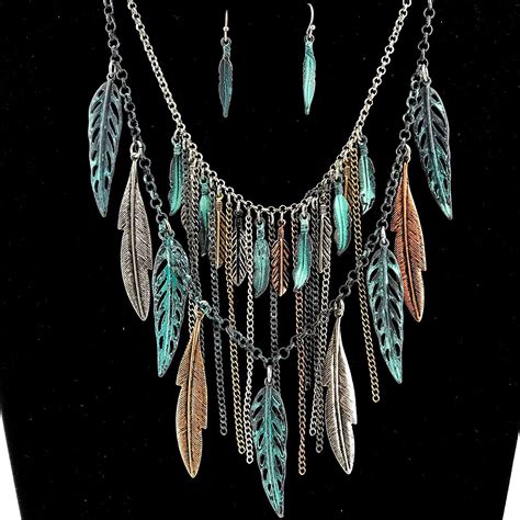 Western Peak Bohemian Tritone Tassels Metal Feathers Necklace With