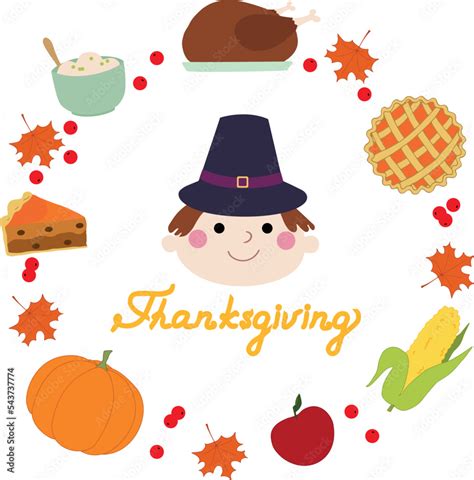 Cute pilgrim in a circle of Thanksgiving Day elements. Happy ...