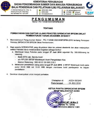 Pengumuman Tentang Pembayaran Dan Daftar Ulang Psikotes Sipencatar