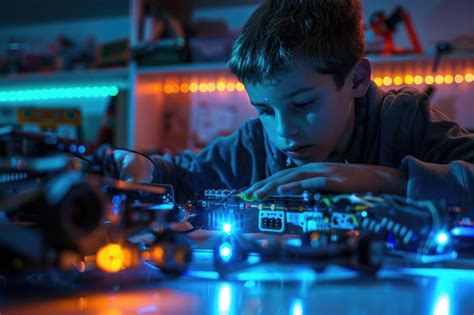 Un niño construye un robot programable con luces LED para un proyecto