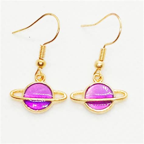 Pink Saturn Planet Earrings On Gold Coloured Ear Wires Etsy Planet