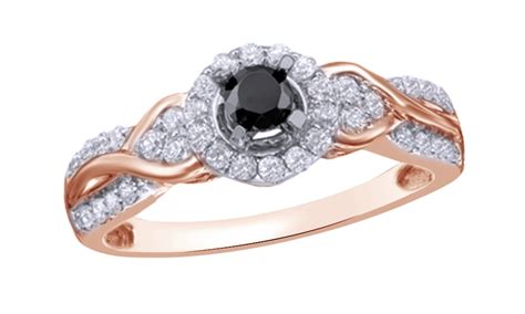 Round Cut Black White Natural Diamond Tri Sides Engagement Ring In